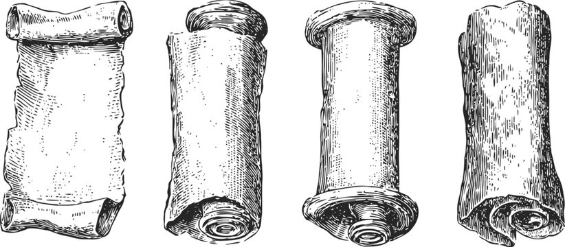 vintage parchment scrolls old paper inscriptions historical documents antique rolled manuscript textured vintage aged detailed engraving set illustration
