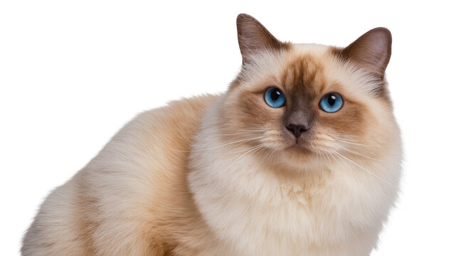 Fluffy Birman cat with striking blue eyes, isolated on transparent background