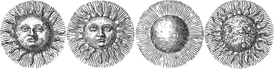Obraz premium Vintage celestial sun illustrations with detailed rays and textured faces in antique engraving