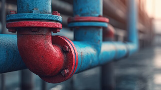 Industrial water pipes in blue and red with metal joints and fittings in an industrial setting