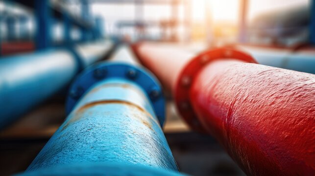Industrial water pipes in blue and red colors with metal textures and valves in a manufacturing facility