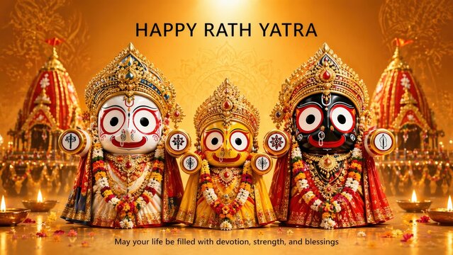 Vibrant depiction of Lord Jagannath Balabhadra Subhadra deities adorned with ornate crowns and jewelry during the auspicious Rath Yatra festival illuminated by warm golden light and traditional diyas