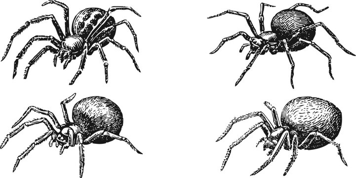 vintage spider illustrations detailed arachnids black and white sketches, insect anatomy legs web creepy nature biting dangerous eight legged predator