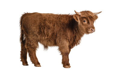 Fluffy brown Highland calf with short horns, isolated on transparent background © Hughes