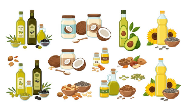 Natural vegetable fats and cooking oils vector set with healthy organic ingredients