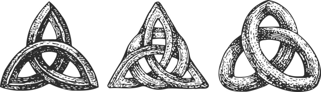 Three celtic knot designs intricate trinity knot, triangular loop intertwined patterns, celtic art symbols, traditional ornamental shapes