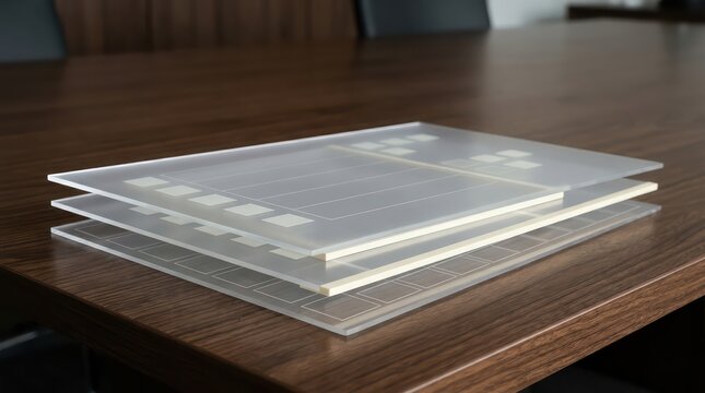 Layered translucent acetate sheets on walnut boardroom table with pale separators for corporate review background and clean copy space