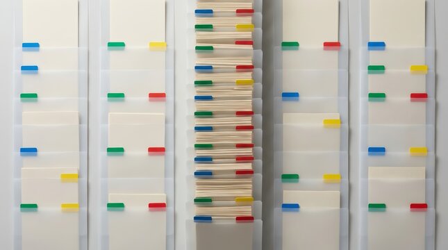 Color Coded Document Filing Sleeves With Dense Paper Queue And Clean Office Organization Background