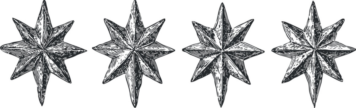 Compass rose engraving set nautical star symbols vintage design, navigation, direction, marine, old fashioned, map elements vector illustration