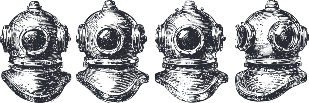 Vintage diving helmet engraving set antique deep sea diver equipment helmet metal retro nautical underwater explorer gear illustration