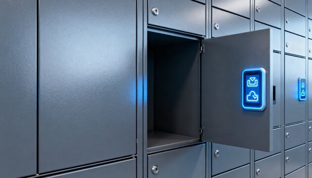 futuristic smart locker system for parcels featuring a better matte neutral color with glowing digital touchpads and one open locker for mockup design