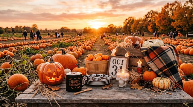 Autumn harvest pumpkins halloween decorations and cozy fall elements on a wooden table in a pumpkin patch at sunset
