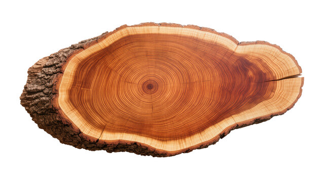 Natural wood slice with bark and growth rings, isolated on transparent background