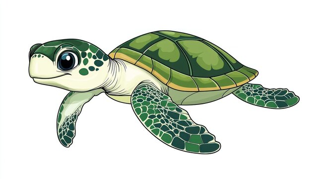 Adorable cartoon sea turtle swimming, green shell and wide eyes, isolated on white