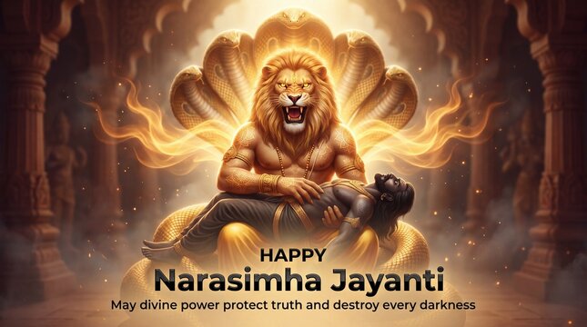 Divine lion-man deity Narasimha cradles a devotee amidst a sacred temple setting with golden serpent hoods and fiery aura