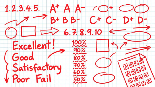 Hand-drawn graded evaluation icons with symbols for rating, scoring, feedback, and educational assessment systems