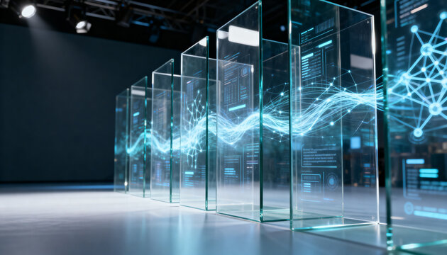 abstract representation of ai data transparency with layered transparent glass panels showing holographic data flows and a better neural connections in clean perspective view