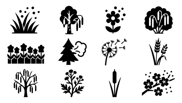 Pollen Producing Plants and Allergy Botanical Silhouette Icons Set