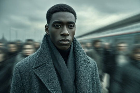 Young man standing alone in city crowd