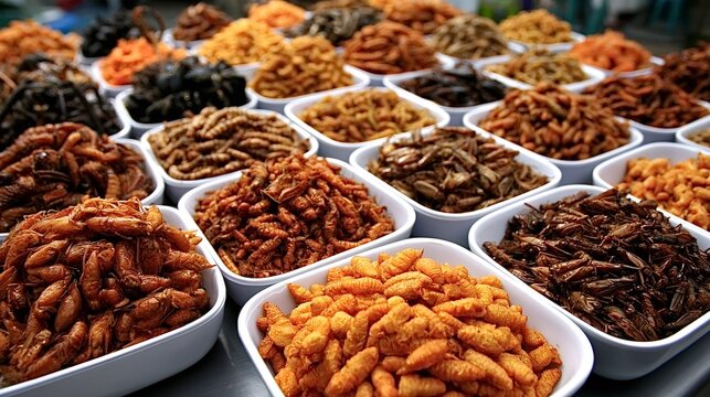 Edible insects are displayed in white bowls, offering an array of local fried delicacies like crickets, grasshoppers, and silkworm pupae for curious customers seeking a protein rich snack