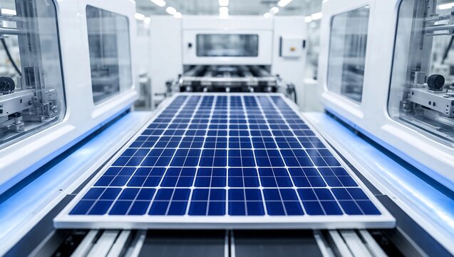 Solar panel production line in a factory with machinery and equipment for manufacturing photovoltaic cells and renewable energy solutions