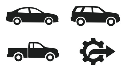 Naklejka premium Automotive vehicle icons collection featuring a sedan SUV pickup truck and a gear service symbol