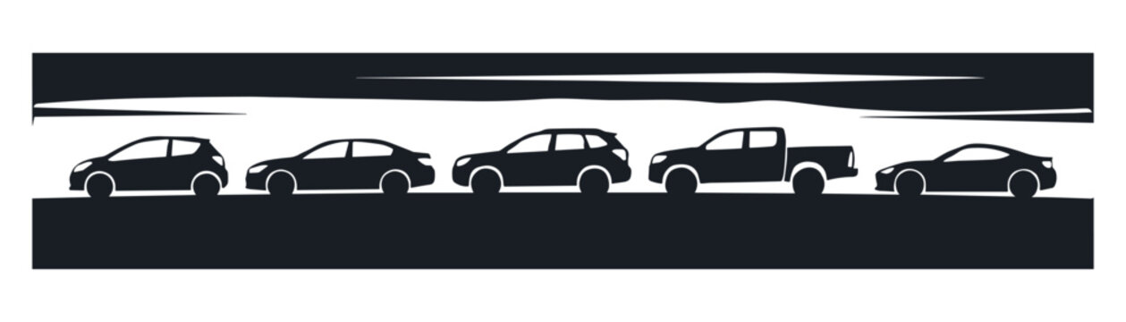 Automotive vehicle silhouettes in a line illustration depicting various car types on a road.