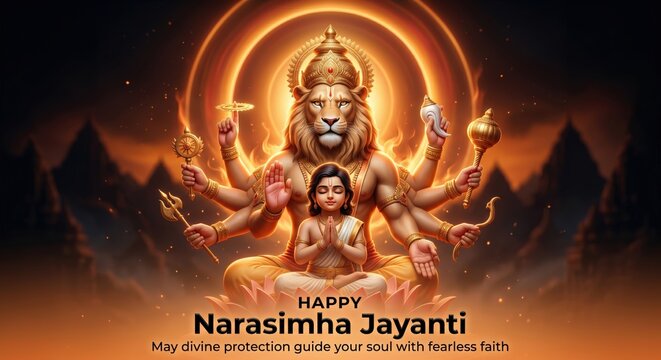 Lord Narasimha with multiple arms seated in meditation surrounded by a radiant golden aura and divine light celebrating Narasimha Jayanti festival