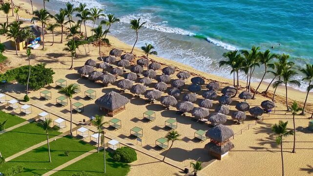 Aerial view of a resort beach with yellow sand and turquoise Caribbean Sea. Tourist area in the Dominican Republic. Paradise views of the magnificent coastline with palm trees and thatched umbrellas.