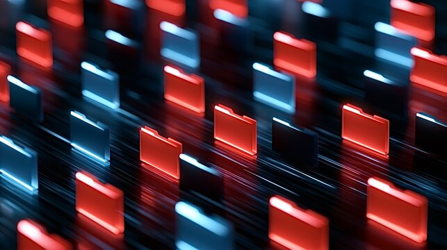 Digital file folders in red and blue glow on a dark abstract grid with luminous lines, evoking networked data organization, cybersecurity threats and protected information