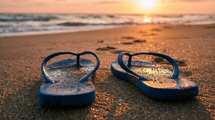 A pair of blue flip‑flops sits in the sand at sunset, grains clinging to them and faint footprints leading toward gentle ocean waves bathed in warm golden light. © Phaimanee