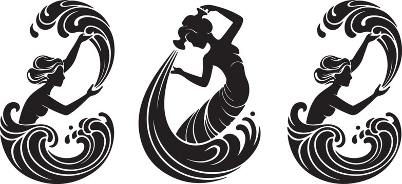 Tribal ocean wave icons set, black silhouette sea surf elements, 9 minimalist water ripples and spiral swirls, decorative nautical vector graphics