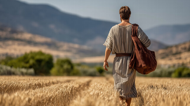 Parable of the Sower, the sower going out to sow seeds, biblical scene of teaching, growth, and faith, serene and instructive atmosphere