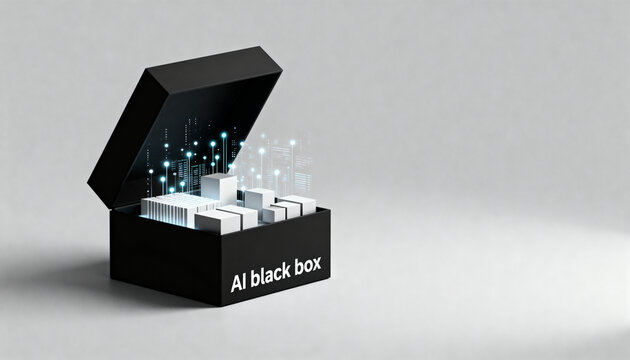 organized glowing data particles and structured geometric shapes inside an open minimalist ai black box with a better soft light for ethics transparency