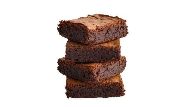 Stack of four rich dark chocolate brownies moist and fudgy, isolated on transparent background