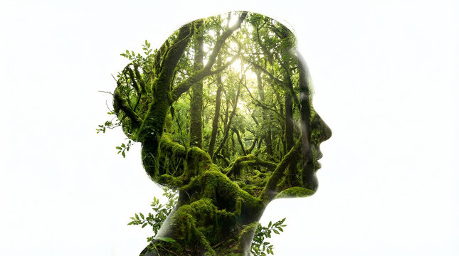 Double exposure forest silhouette nature woman profile green design conservation ecology