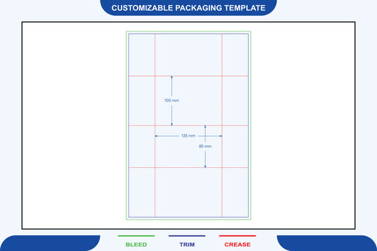 Rectangular packaging dieline template for tissue box with bleed, trim, and crease lines, featuring dimension annotations in millimeters