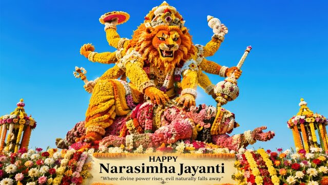 Elaborate floral sculpture of a multi-armed lion-headed deity subduing a human figure amidst a vibrant outdoor display of flowers and blue sky for Narasimha Jayanti