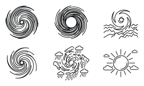 Collection of storm hurricane and sun weather forecast icons in outline style.