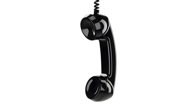 A classic black rotary telephone handset hanging vertically by its coiled cord against a stark white background