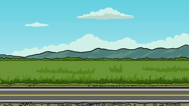 landscape animation of road, rice field and mountain in side view. for transportation background animation. old school japan anime style