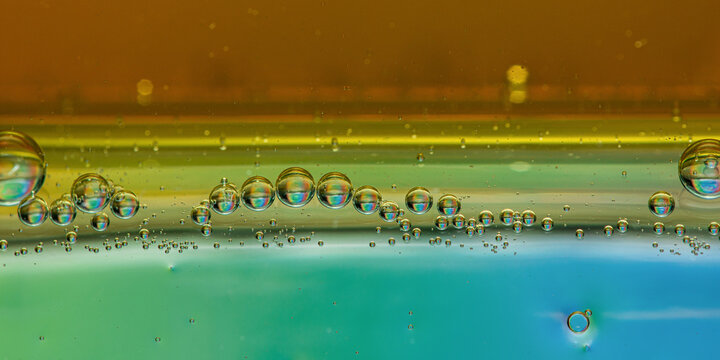 Oil bubbles floating in water separating liquid layers