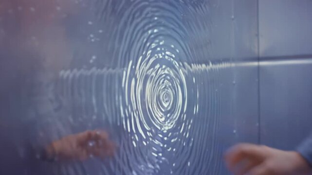 Female hand touches water surface, creating ripples and reflections, showcasing interaction with liquid in a serene, modern environment with blue tones