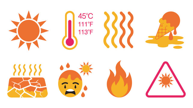 Extreme heat flat icons, high temperature warning symbols, climate change effects, hot weather impact on people and environment illustration.