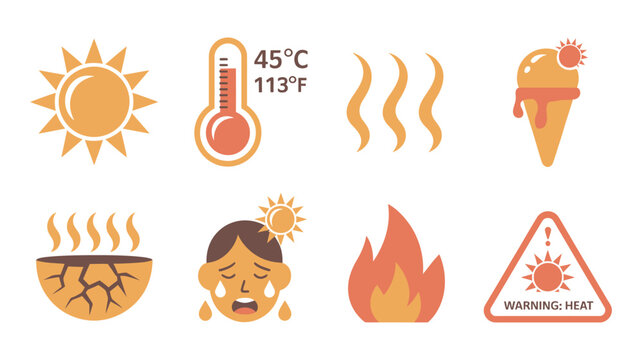 Extreme heat flat icons, high temperature warning symbols, climate change effects, hot weather impact on people and environment illustration.