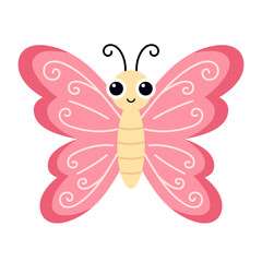Fototapeta premium Stylized pink butterfly vector with decorative swirls. Cute insect icon for children's stickers, kids design, nursery decor, prints and invitations. Flat illustration isolated on white background.