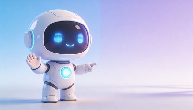 Friendly Chibi Robot Waving and Pointing in Gradient Studio