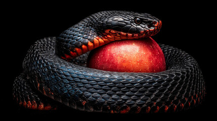 Obraz premium Black snake coiled around red apple representing temptation