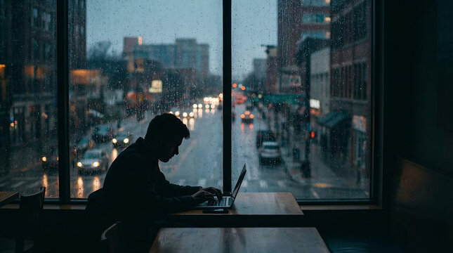 Silhouette man laptop window rain city street evening design mood