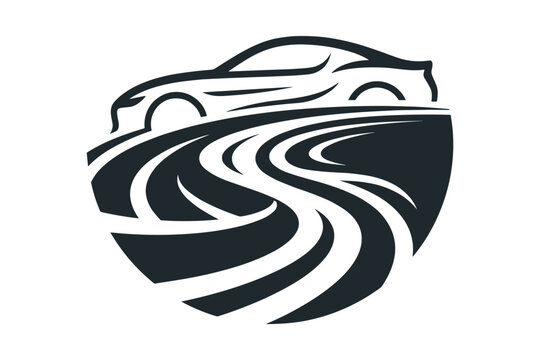 Dynamic sports car outline driving on a winding road inside a shield shape emblem.